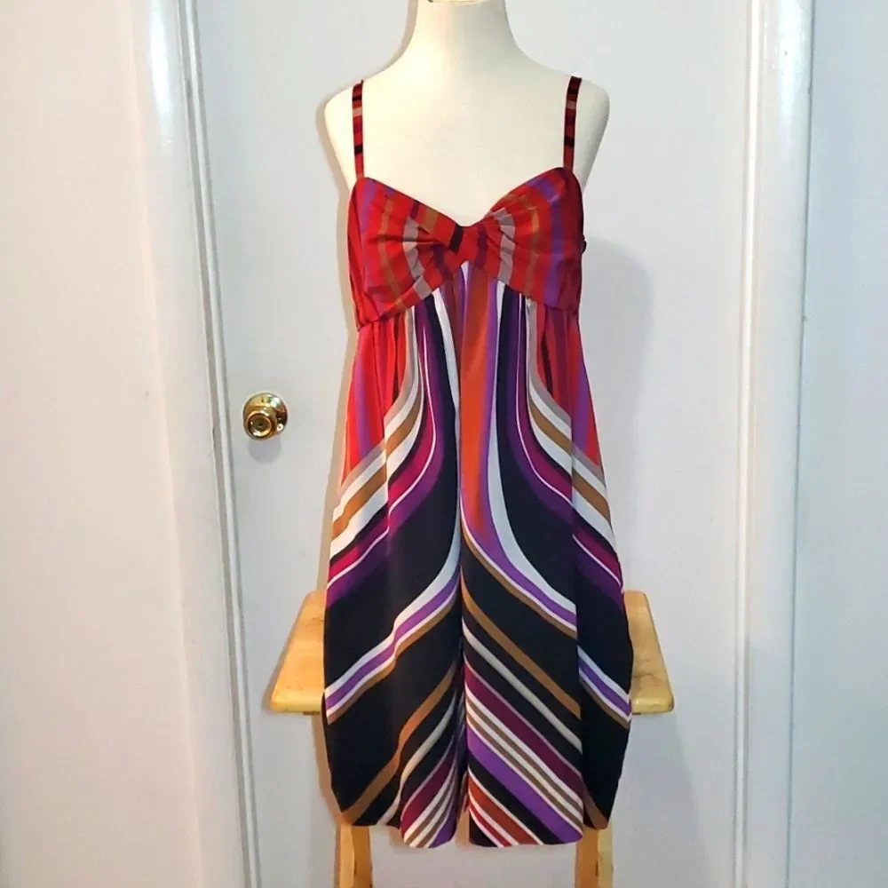 Banana Republic Silk Multi Color Striped Spaghetti Strap Dress Sz 12